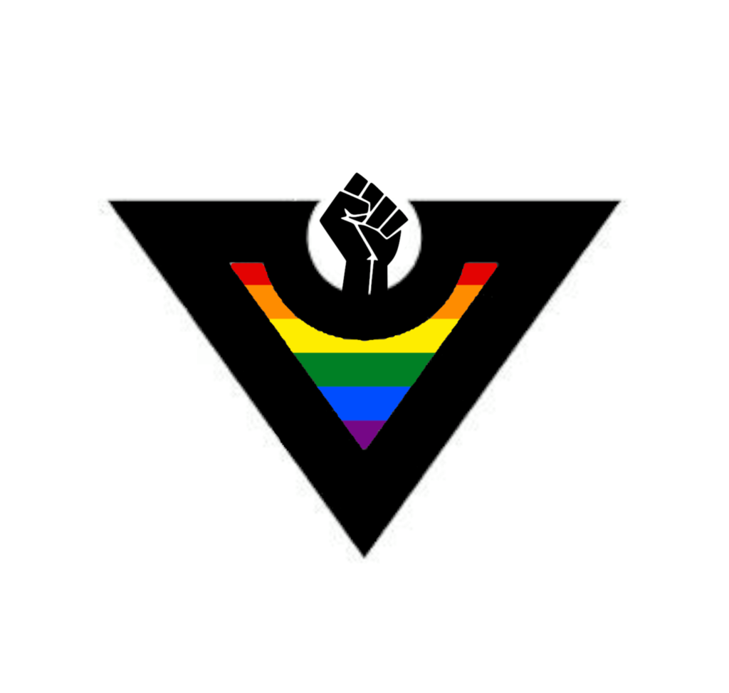 Logo de CODIMO, un triángulo coas cores do arcoiris e un bordo negro. No centro superior un puño alzado tamén en cor negra