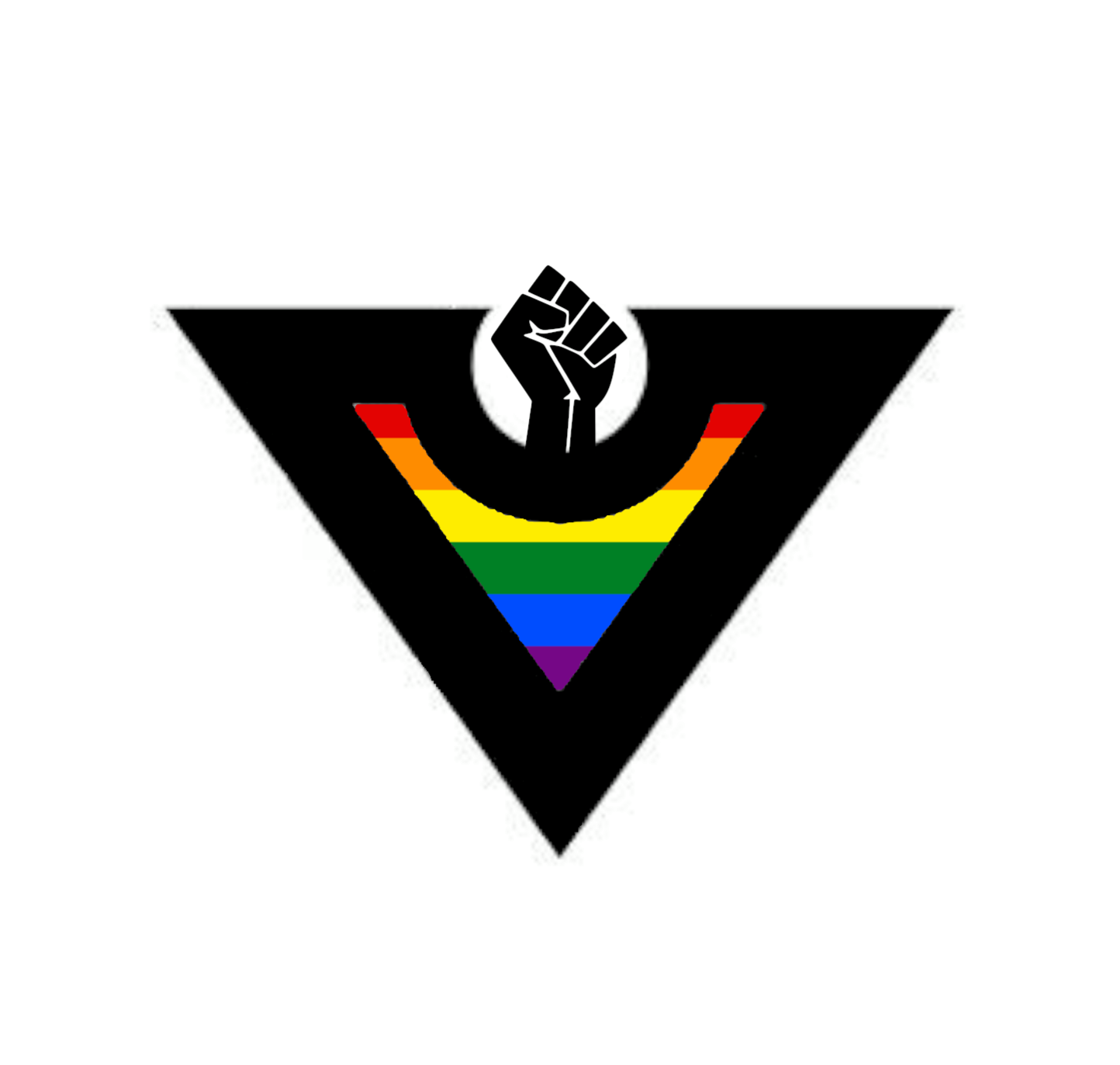 Logo de CODIMO, un triángulo coas cores do arcoiris e un bordo negro. No centro superior un puño alzado tamén en cor negra
